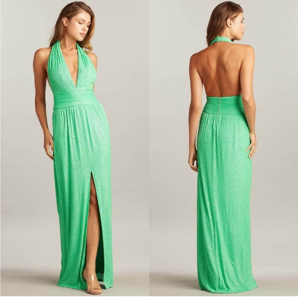 SHO TADASHI SHOJI Lime Green Sasha Sequin Halter Maxi Gown Dress Size 12